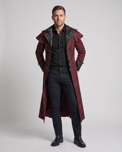 Herren eleganter Gothic-Mantel mit kunstvollen Verzierungen und hohem Kragen – Montaro