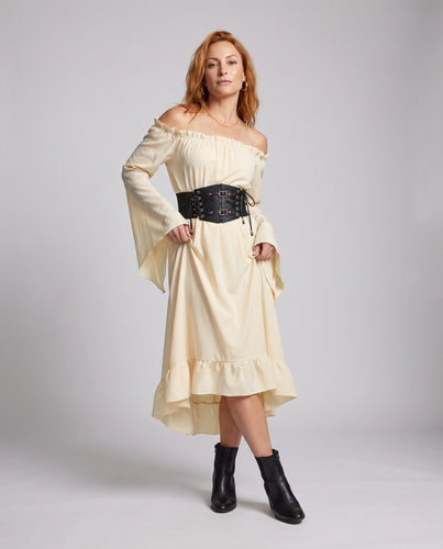 Damen Maxikleid mit schulterfreiem Ausschnitt und eleganten Volants – Valéora
