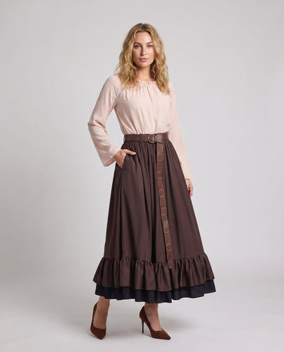 Damen Stilvolles Langarmkleid mit Rüschen und Gürtel – Élara