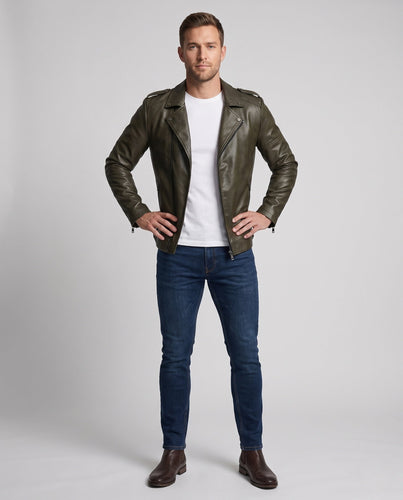 Herren Kunstleder Motorradjacke Slim Fit mit Schulterklappen und dekorativen Reißverschlüssen Echo Archiv