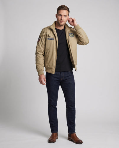 Herren gepolsterte Bomberjacke im Military-Look mit Teddyfutter, Stehkragen & Badge Echoarchiv