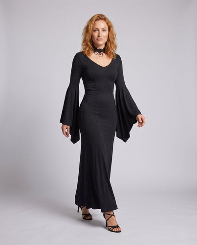 Damen Elegantes Maxikleid mit dramatischen Glockenärmeln und V-Ausschnitt Echo Archiv