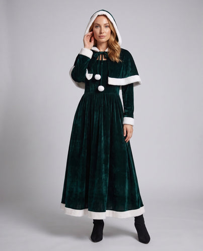 Damen Samt Weihnachtskleid mit Kapuze und eleganten Details Echo Archiv