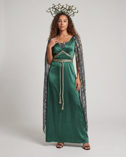 Damen Kostüm im Medusa-Stil mit schimmerndem Satin und transparenten Ärmeln Echo Archiv