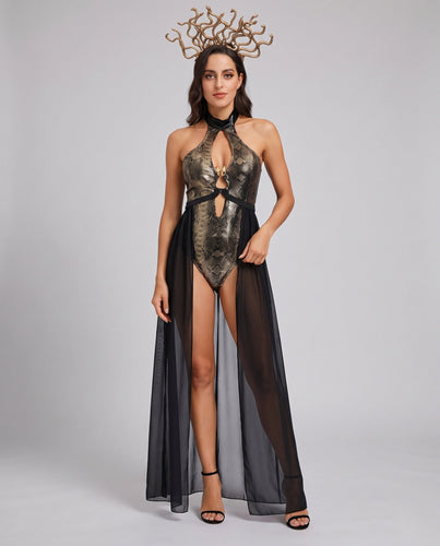Frauen verführerisches Lederkleid mit fließendem Tüll und Statement-Kragen Echo Archiv