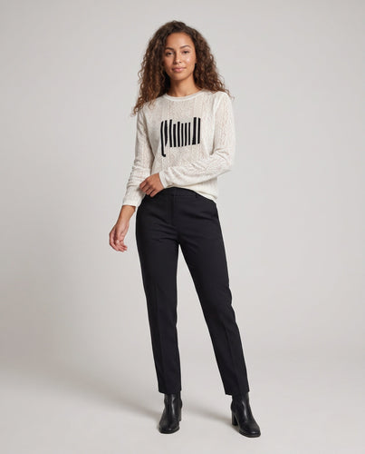 Damen Feinstrick-Pullover mit Rundhalsausschnitt, strukturierter Jacquard-Optik und grafischem Front-Print Echoarchiv