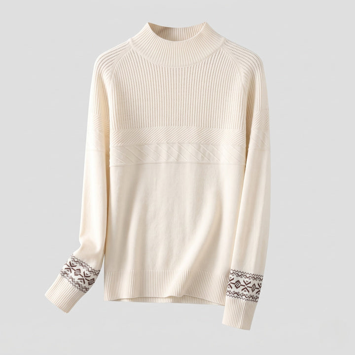 Damen Feinstrick-Pullover mit kurzem Stehkragen, strukturierter Passe und Norweger-Motiv am Ärmelsaum Echoarchiv