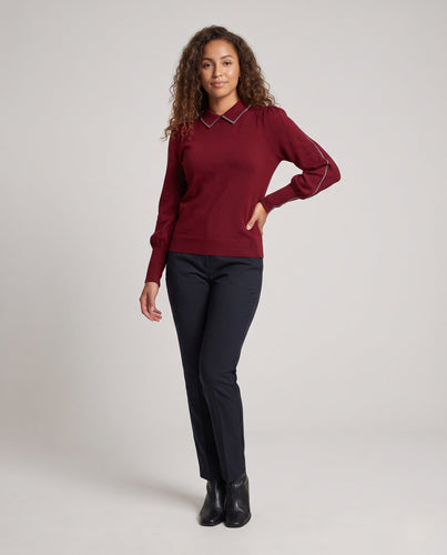 Damen Feiner Strickpullover mit Schmuckkragen und verlängerten Manschetten Echoarchiv