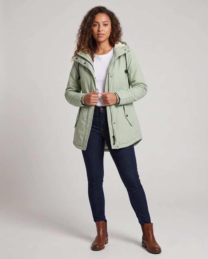Damen Gefütterte Kapuzenparka mit Teddyfutter, Kordelzug und Pattentaschen Echoarchiv