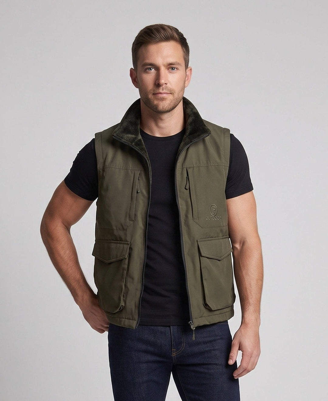 Herren Multifunktionale Outdoor-Weste mit hohem Kragen, Reißverschluss und Mehrfach-Taschen Echoarchiv