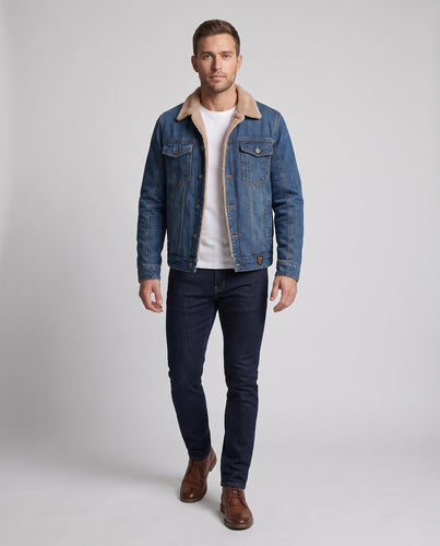 Herren Lässige Jeans-Workjacke mit wärmender Teddy-Innenseite und Hemdkragen Echoarchiv