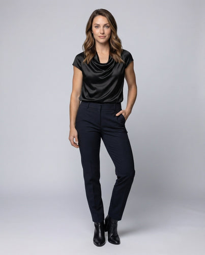 Damen Satinbluse Wasserfallausschnitt Kurzarm