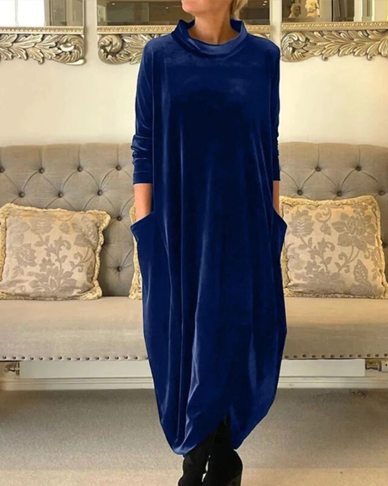 Elegantes Samtkleid Mit Taschen & Kragen Für Damen – Élara