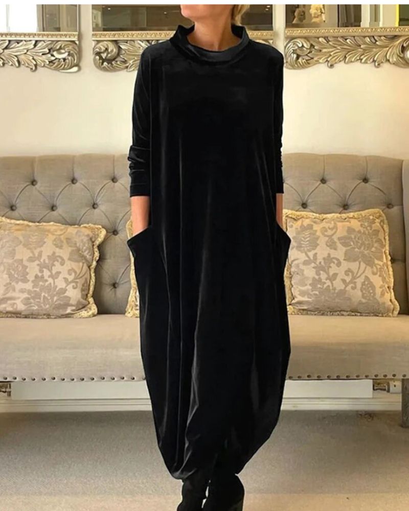 Elegantes Samtkleid Mit Taschen & Kragen Für Damen – Élara