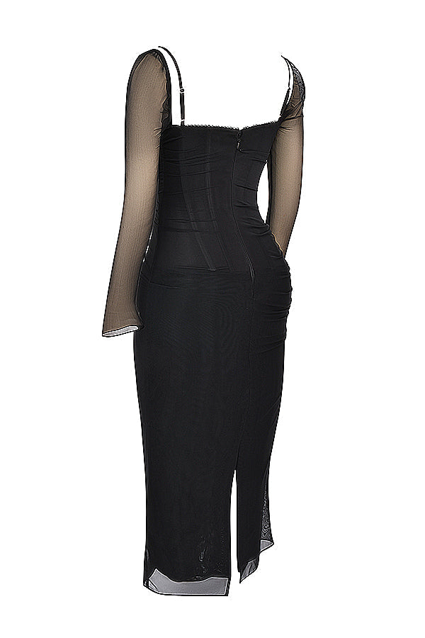 Echoarchiv | Elegantes Maxikleid mit tiefem Ausschnitt und langen Ärmeln