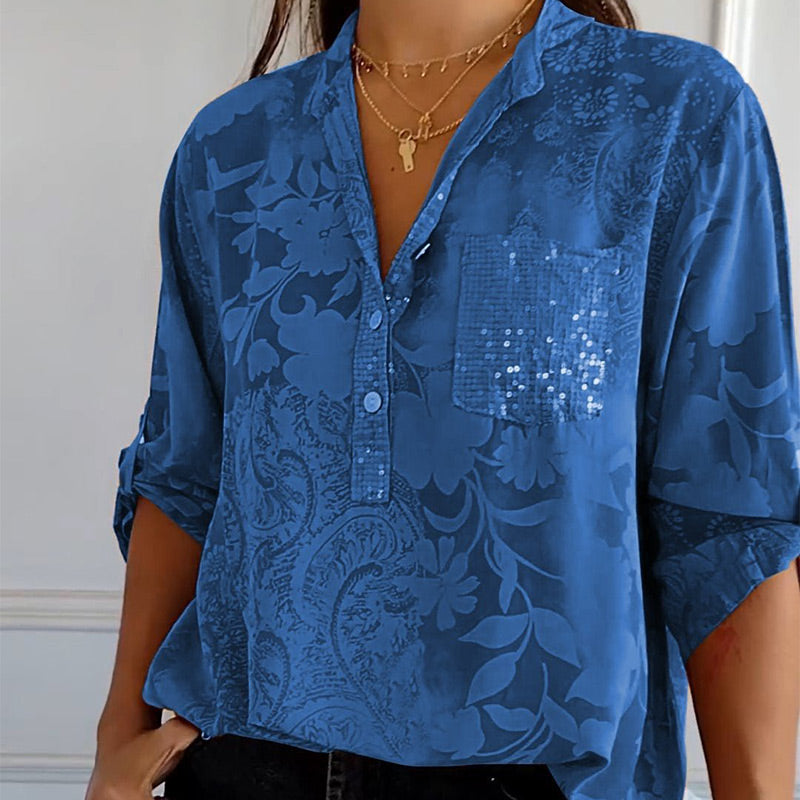 Floré-Shirt | Elegante bedruckte Bluse mit Vordertasche – Élovi