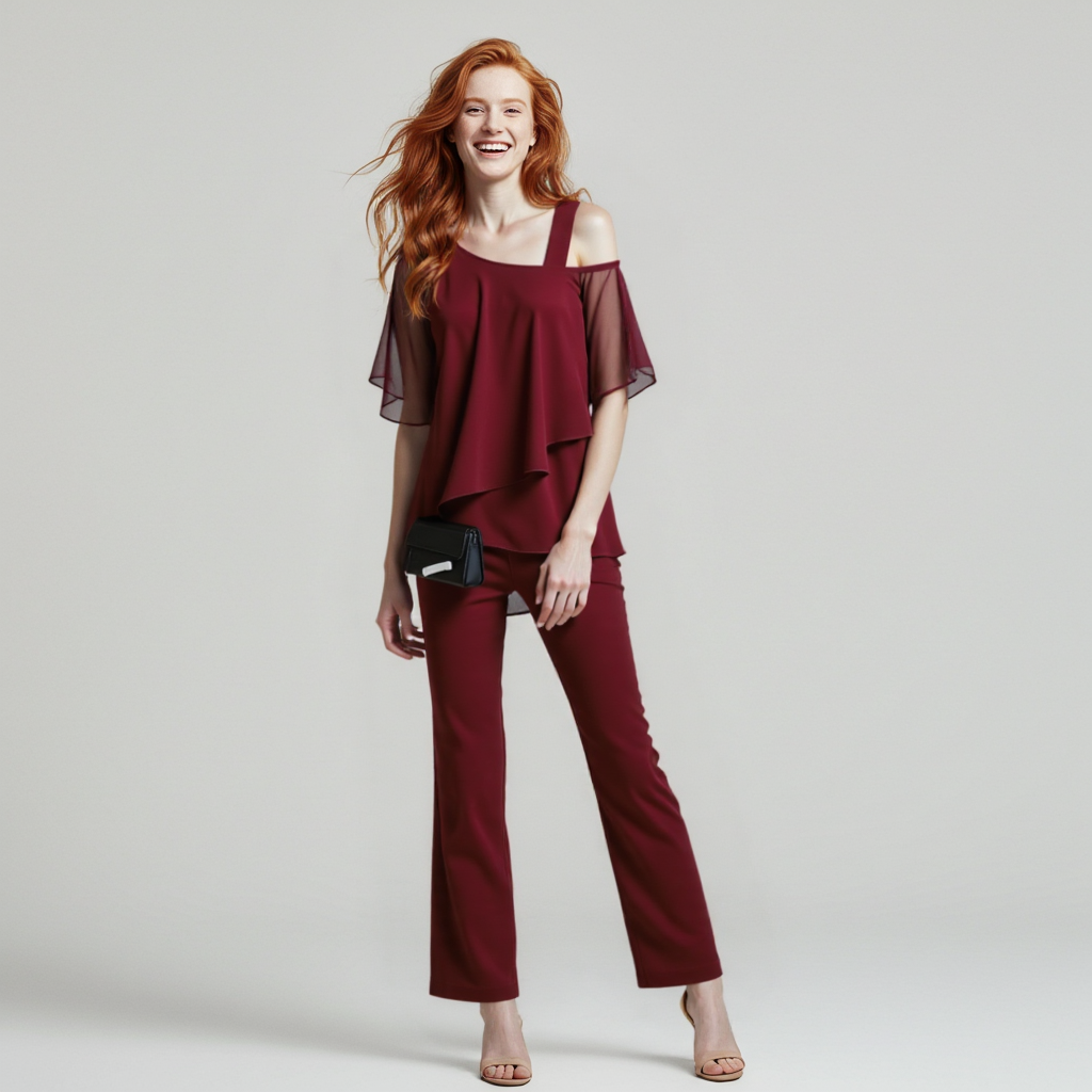 Echoarchiv | Damen Zweiteiler Satz Eleganter Jumpsuit mit Cold Shoulder Bluse