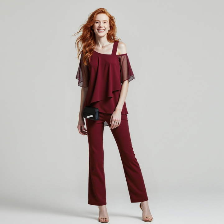 Echoarchiv | Damen Zweiteiler Satz Eleganter Jumpsuit mit Cold Shoulder Bluse