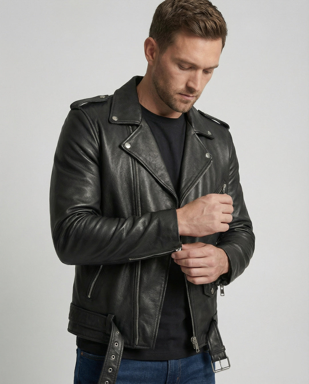 Herren Biker-Lederjacke mit Taschen