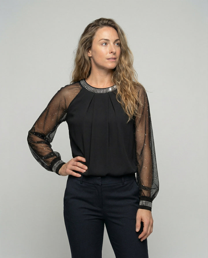 Echoarchiv Damen Mesh-Bluse mit Strassbesatz und transparenten Ärmeln