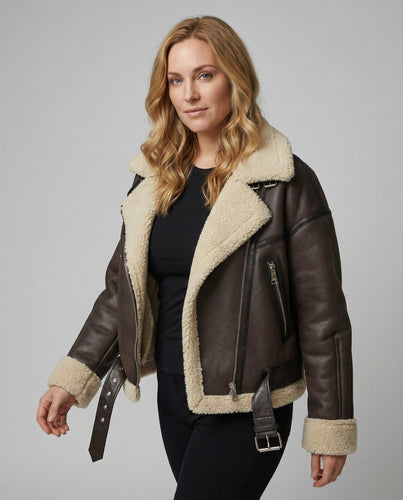 Damen Lederjacke mit Teddyfutter und Gürtel