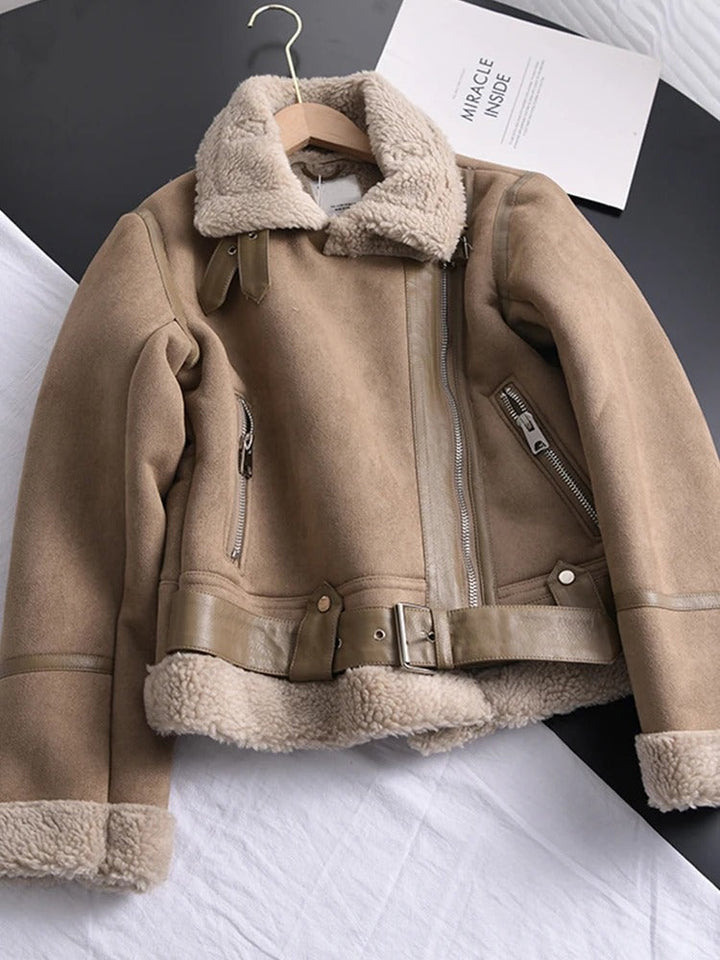 Echoarchiv | Damen Lederjacke Mit ShEchoarchivrling Futter Asymmetrischer Reißverschluss Gürtel