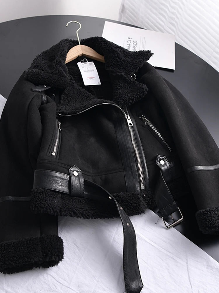 Echoarchiv | Damen Lederjacke Mit ShEchoarchivrling Futter Asymmetrischer Reißverschluss Gürtel