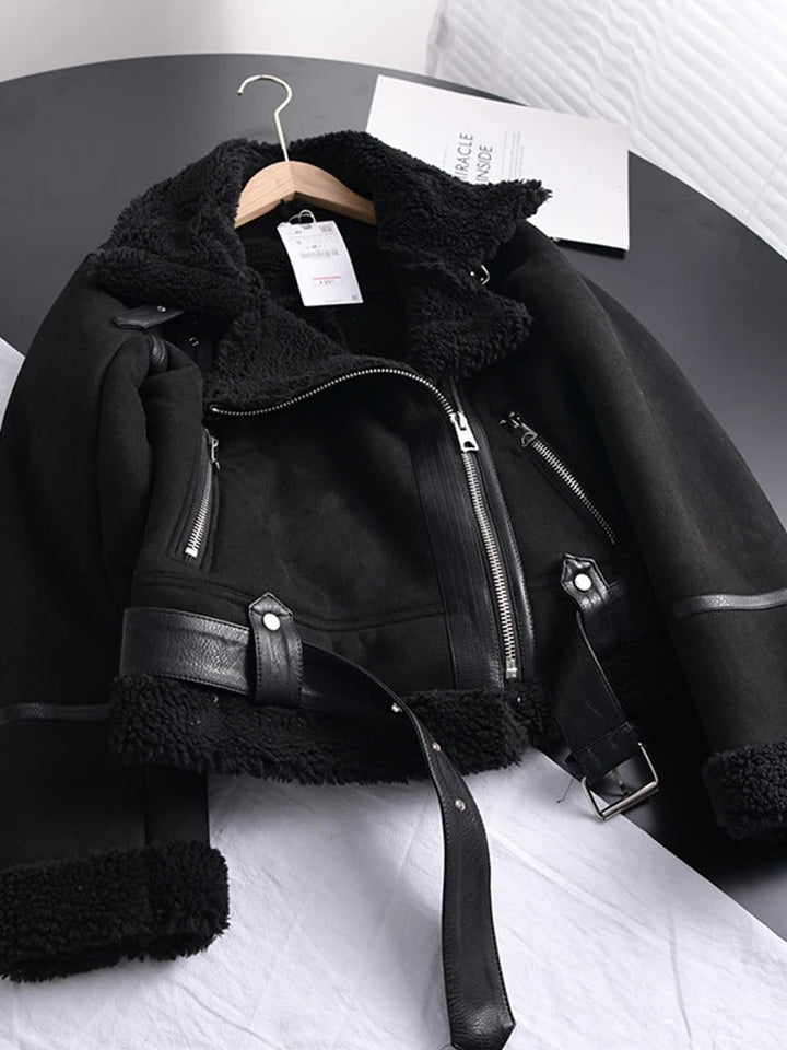 Echoarchiv | Damen Lederjacke Mit ShEchoarchivrling Futter Asymmetrischer Reißverschluss Gürtel