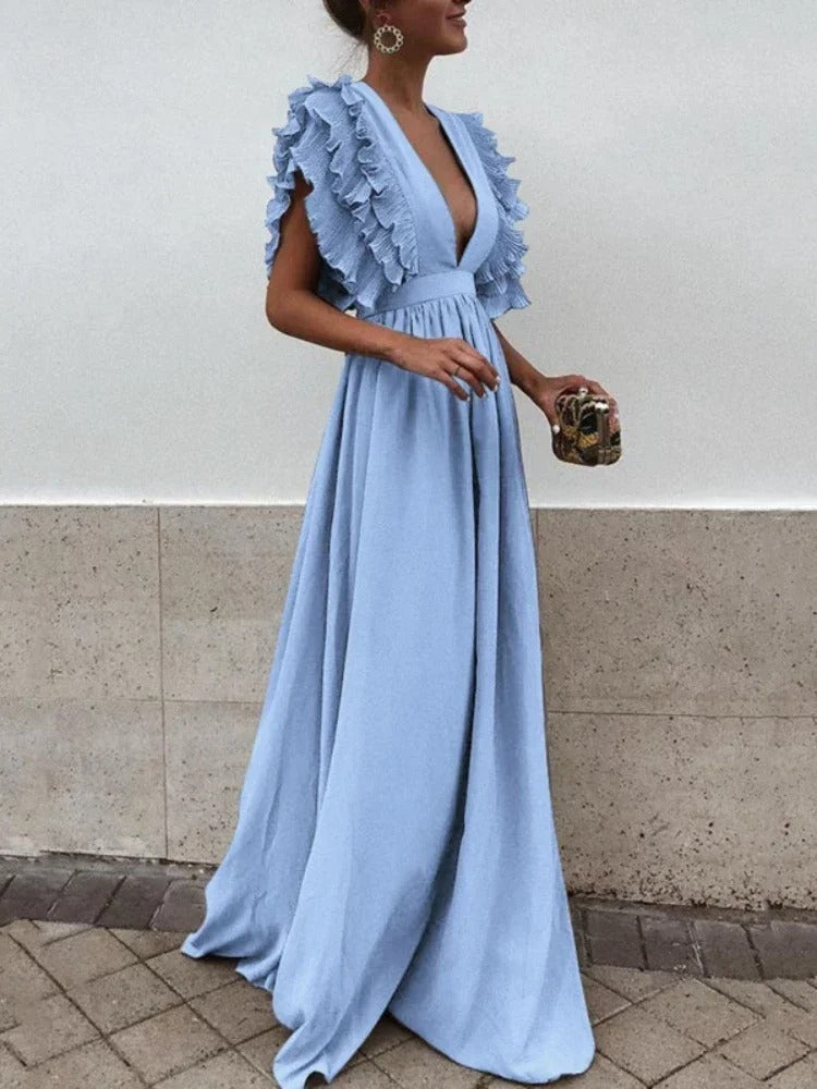 Echoarchiv | Elegantes V-Ausschnitt-Kleid mit Rüschärmeln