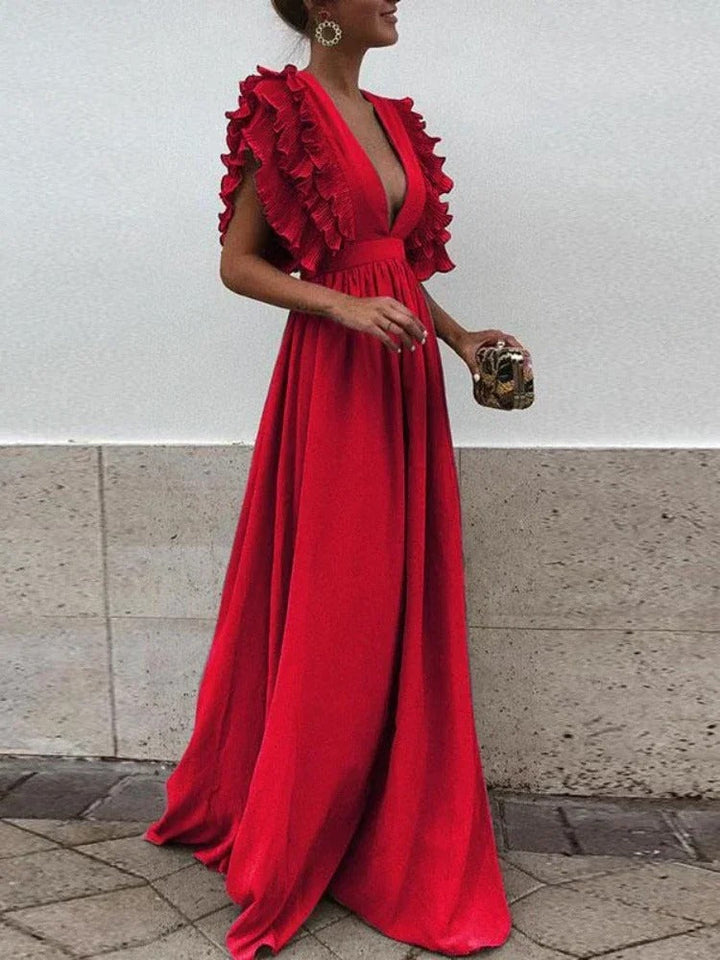 Echoarchiv | Elegantes V-Ausschnitt-Kleid mit Rüschärmeln