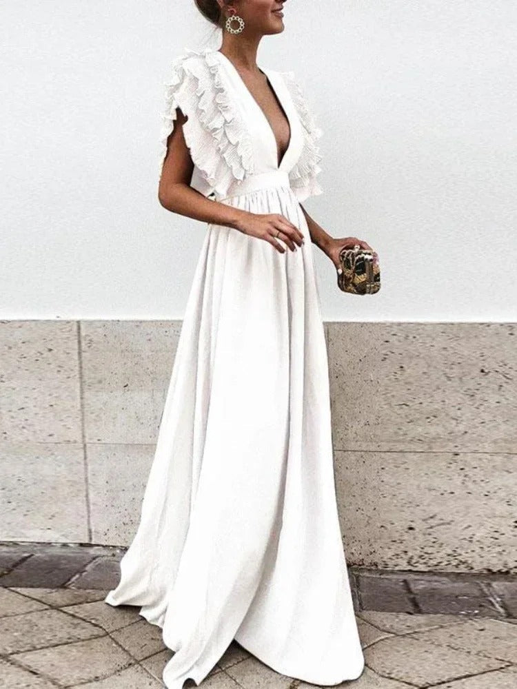 Echoarchiv | Elegantes V-Ausschnitt-Kleid mit Rüschärmeln