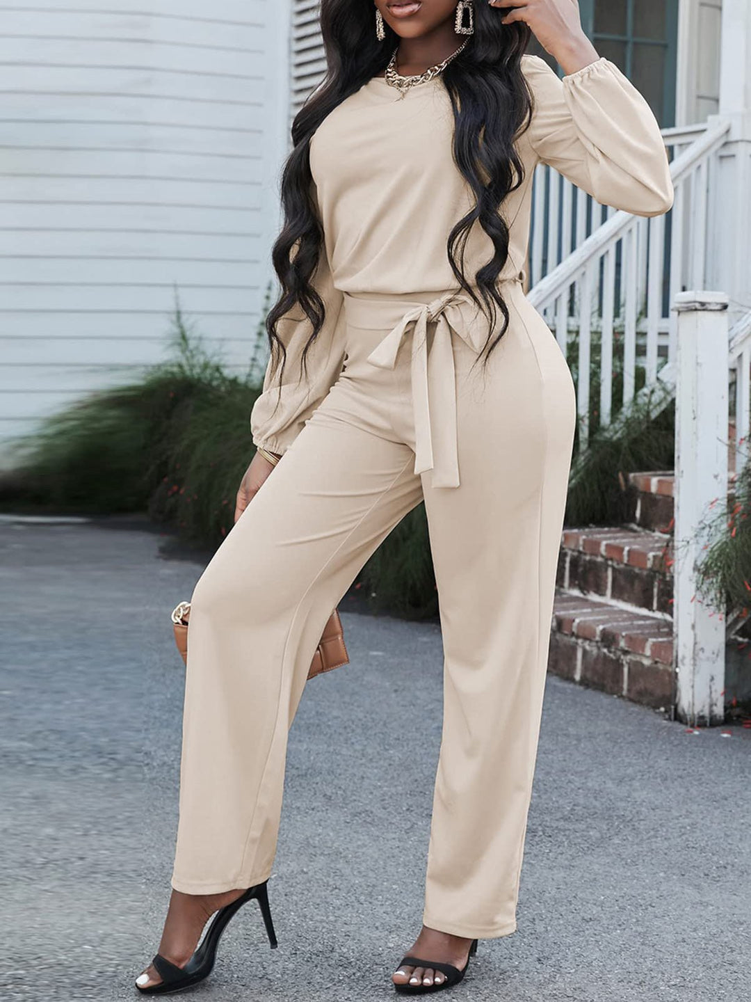 Echoarchiv | Damen Jumpsuits Einfarbig Langarm Gürtel Lässiger Jumpsuit