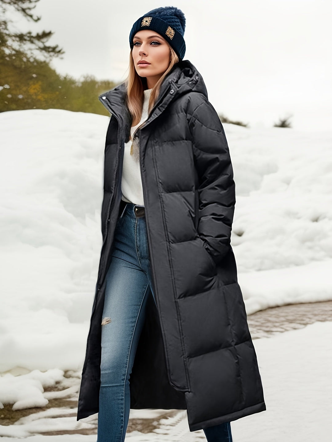 Echoarchiv | Damen Langer Daunenmantel mit Kapuze für Herbst/Winter