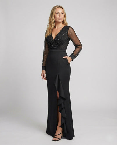Langes, Glänzendes, Mit Pailletten Gerüschtes, Elegantes Abendkleid In Schwarz – Valéora