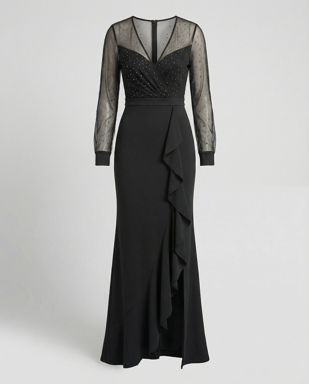 Langes, Glänzendes, Mit Pailletten Gerüschtes, Elegantes Abendkleid In Schwarz – Valéora