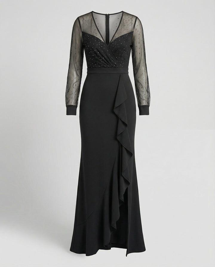 Langes, Glänzendes, Mit Pailletten Gerüschtes, Elegantes Abendkleid In Schwarz – Valéora