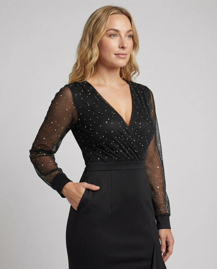 Langes, Glänzendes, Mit Pailletten Gerüschtes, Elegantes Abendkleid In Schwarz – Valéora